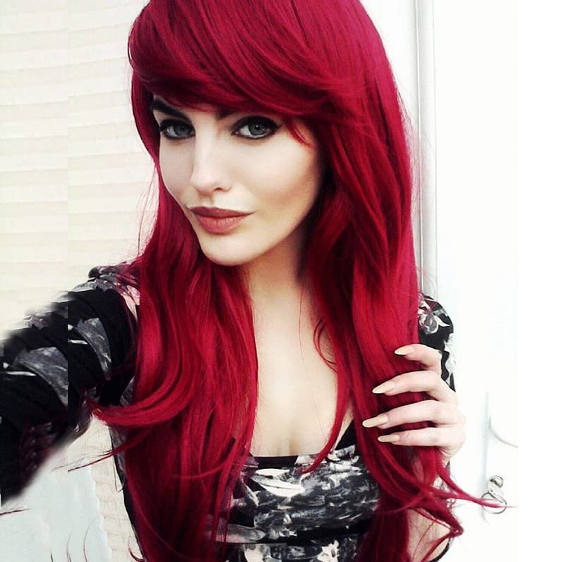 Tseses Red Long Wavy Wigs for Women Side Part Heat Resistant Natural Looking Synthetic Wig Party Cosplay Halloween Daily Use Full Wigs